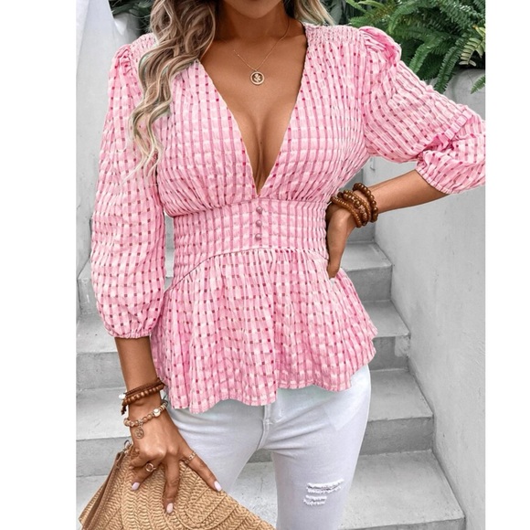 Pink Peplum Plunging Blouse - Picture 4 of 6